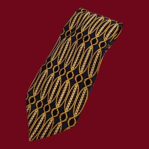 Vtg DI MAGGIO Gold and Navy Blue Baroque Silk Tie